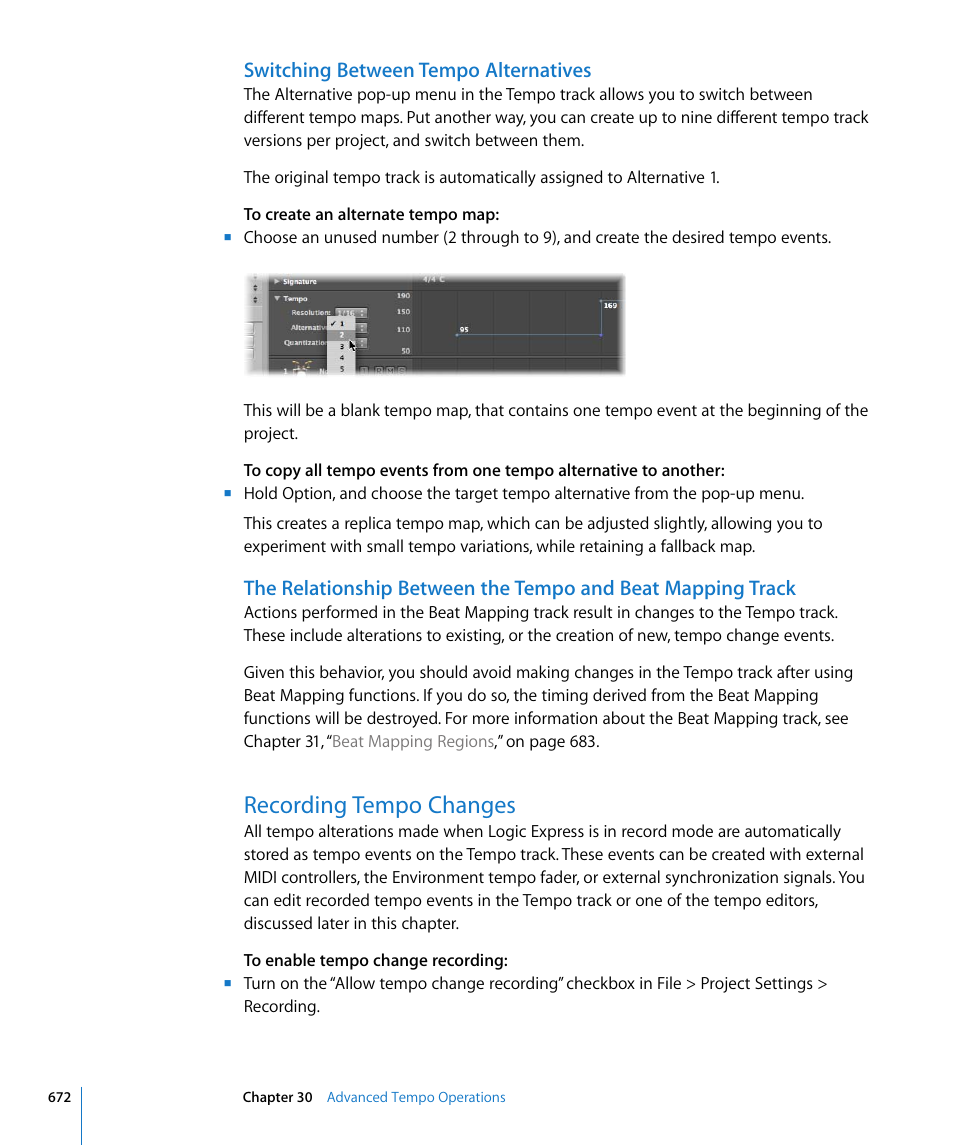Switching between tempo alternatives, Recording tempo changes | Apple Logic Express 8 User Manual | Page 672 / 1055