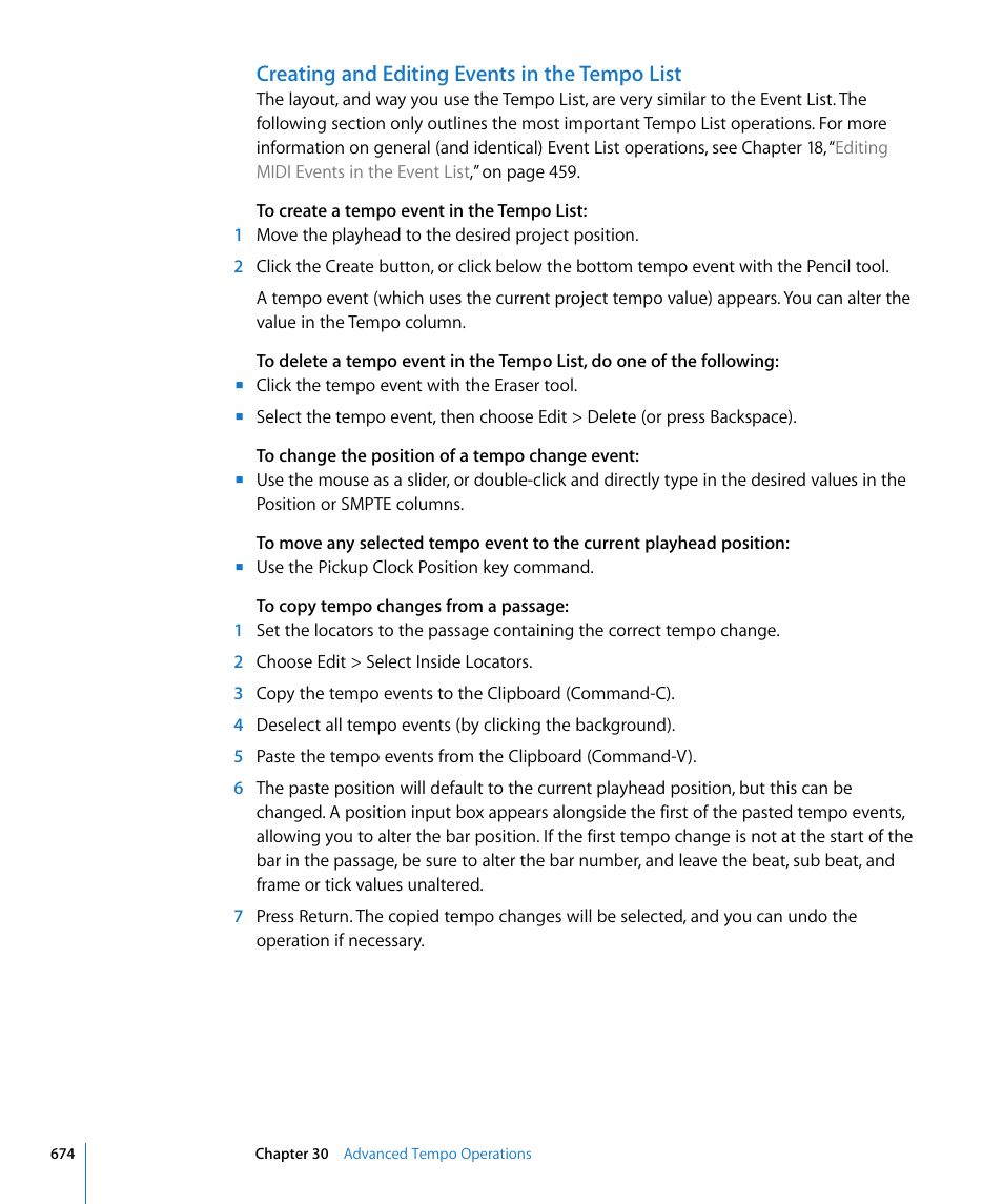 Creating and editing events in the tempo list | Apple Logic Express 8 User Manual | Page 674 / 1055