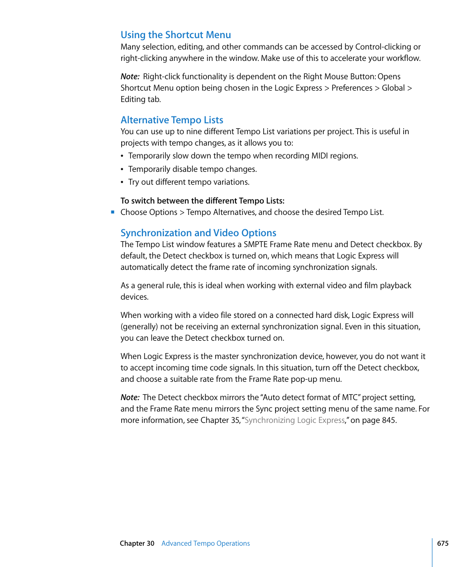Using the shortcut menu, Alternative tempo lists, Synchronization and video options | Apple Logic Express 8 User Manual | Page 675 / 1055