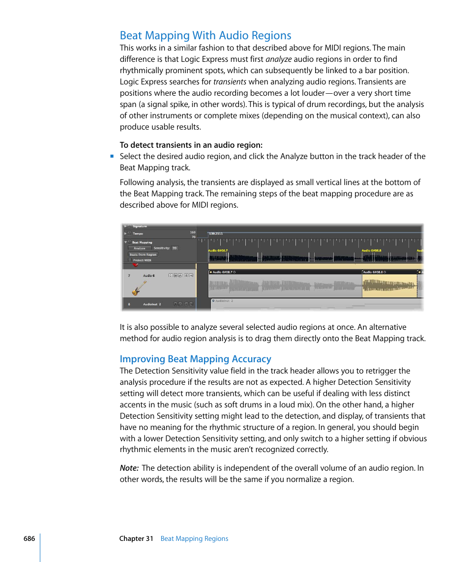 Beat mapping with audio regions, Improving beat mapping accuracy | Apple Logic Express 8 User Manual | Page 686 / 1055