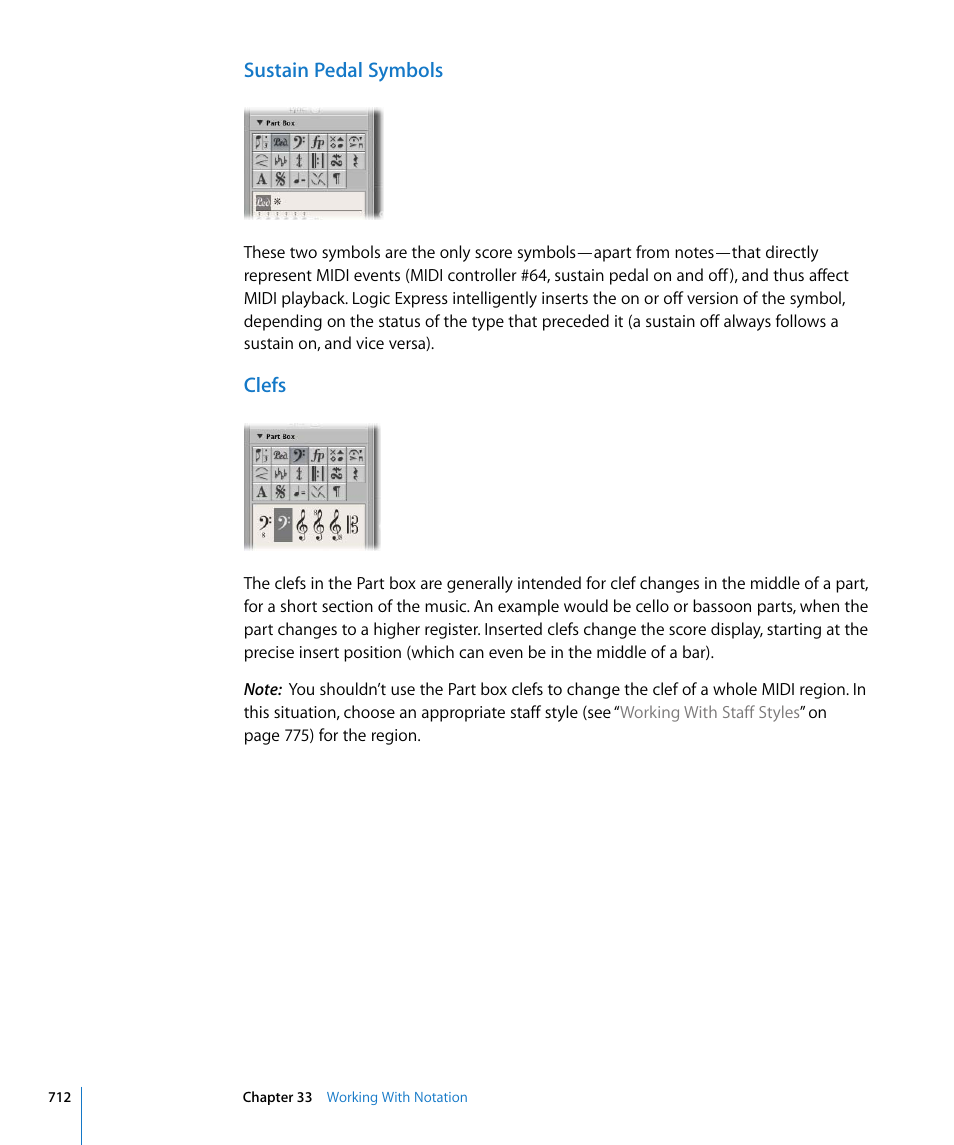 Sustain pedal symbols, Clefs | Apple Logic Express 8 User Manual | Page 712 / 1055