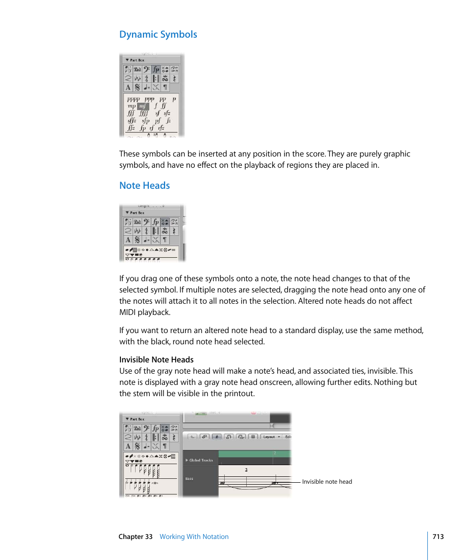 Dynamic symbols, Note heads | Apple Logic Express 8 User Manual | Page 713 / 1055