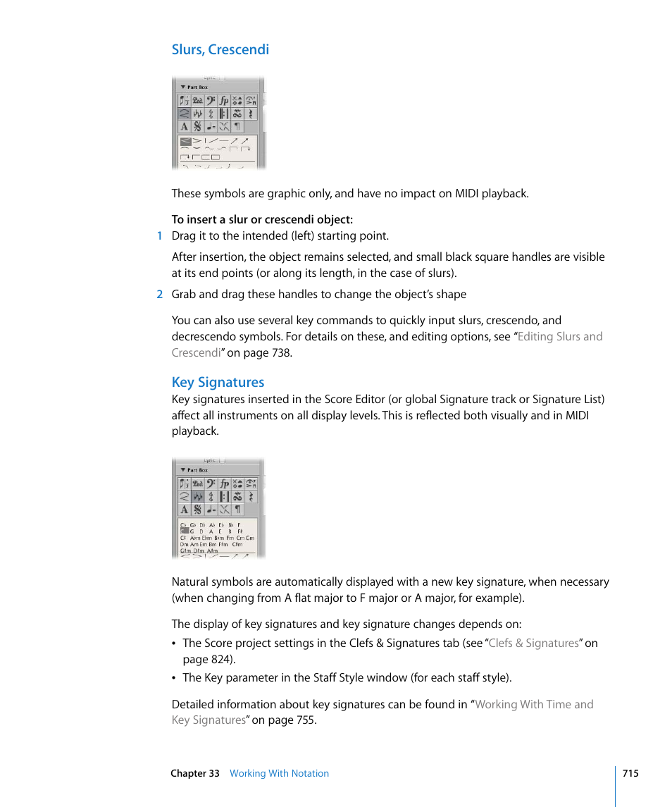 Slurs, crescendi, Key signatures | Apple Logic Express 8 User Manual | Page 715 / 1055