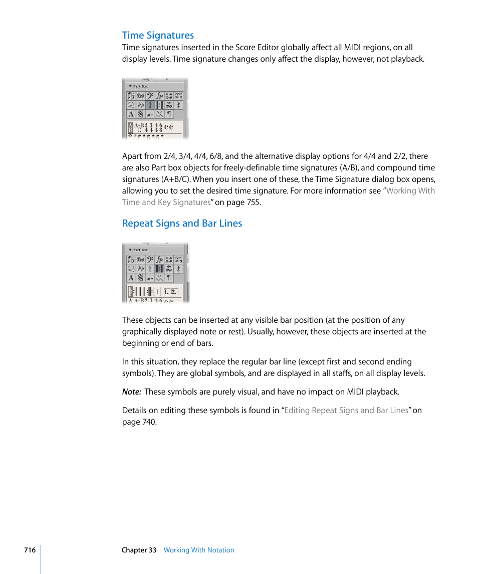 Time signatures, Repeat signs and bar lines | Apple Logic Express 8 User Manual | Page 716 / 1055