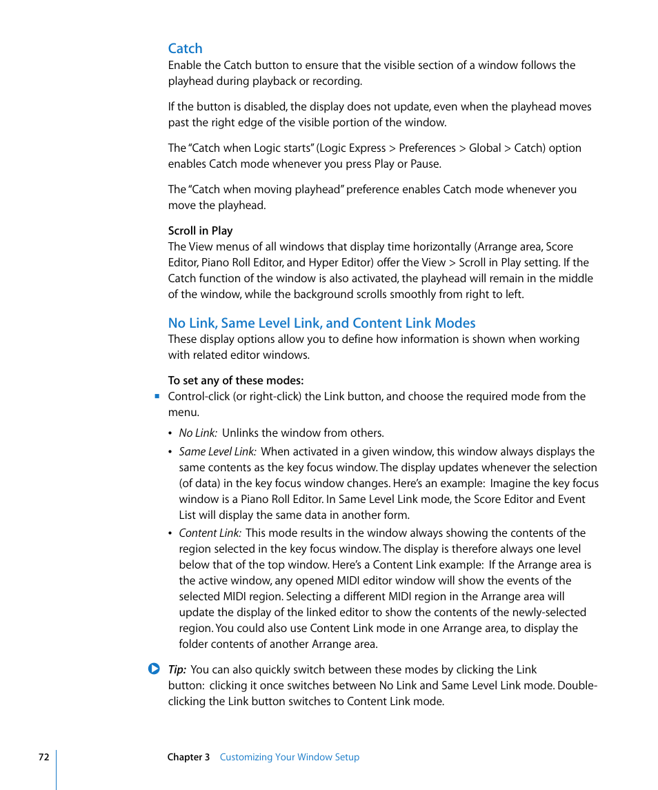 Catch, No link, same level link, and content link modes | Apple Logic Express 8 User Manual | Page 72 / 1055