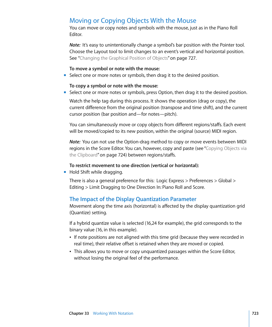 Moving or copying objects with the mouse, The impact of the display quantization parameter | Apple Logic Express 8 User Manual | Page 723 / 1055