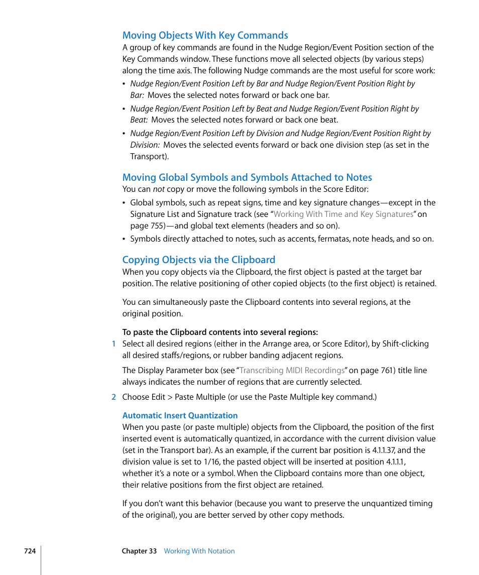 Moving objects with key commands, Copying objects via the clipboard, E (see | Copying objects via, The clipboard | Apple Logic Express 8 User Manual | Page 724 / 1055