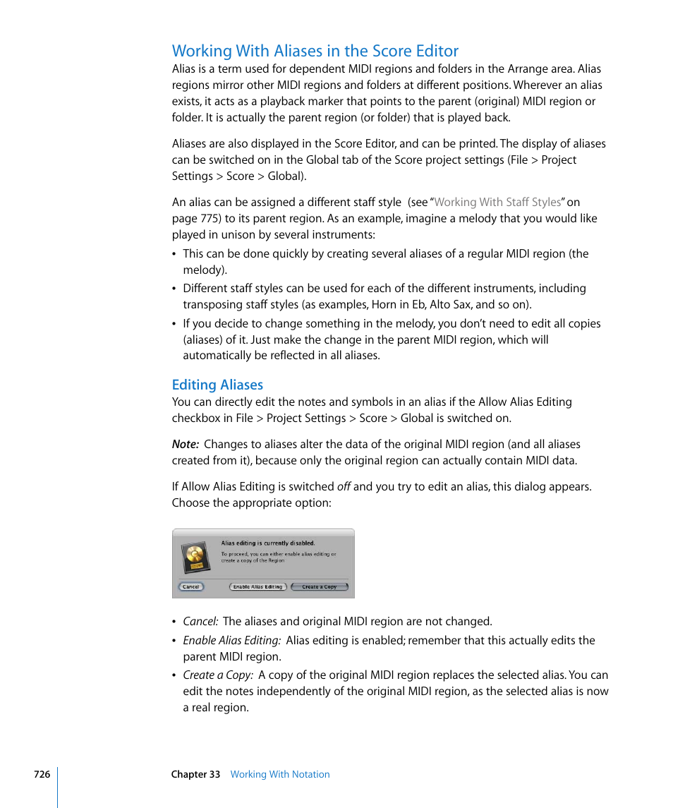 Working with aliases in the score editor, Editing aliases | Apple Logic Express 8 User Manual | Page 726 / 1055