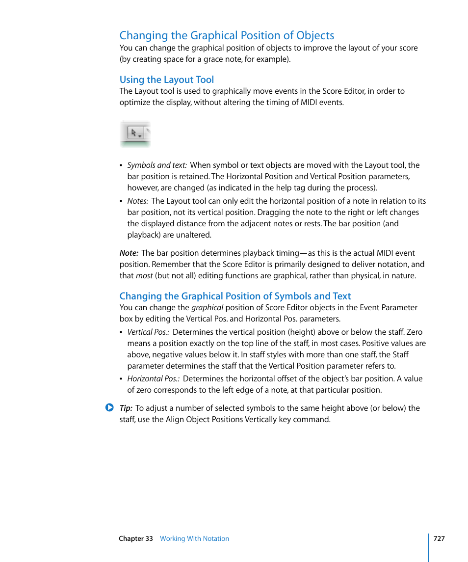 Changing the graphical position of objects, Using the layout tool | Apple Logic Express 8 User Manual | Page 727 / 1055