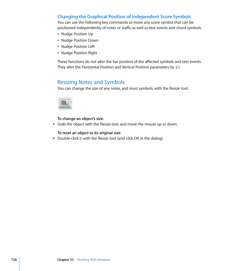 Resizing notes and symbols | Apple Logic Express 8 User Manual | Page 728 / 1055