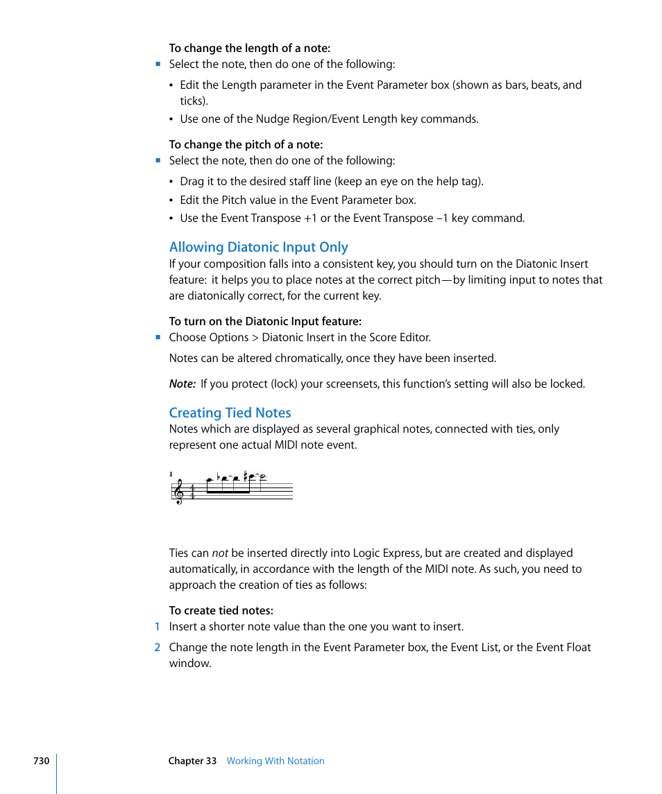 Allowing diatonic input only, Creating tied notes | Apple Logic Express 8 User Manual | Page 730 / 1055
