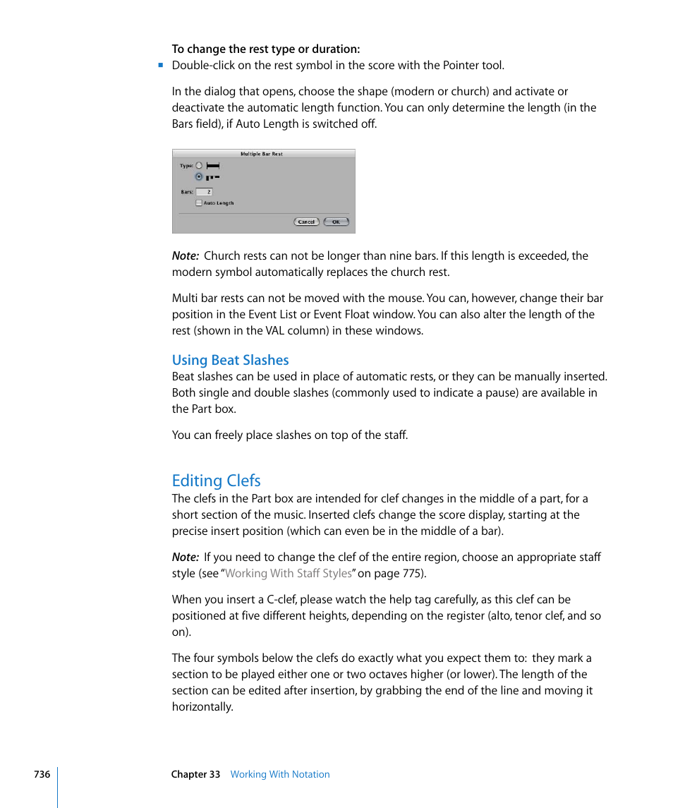 Using beat slashes, Editing clefs | Apple Logic Express 8 User Manual | Page 736 / 1055