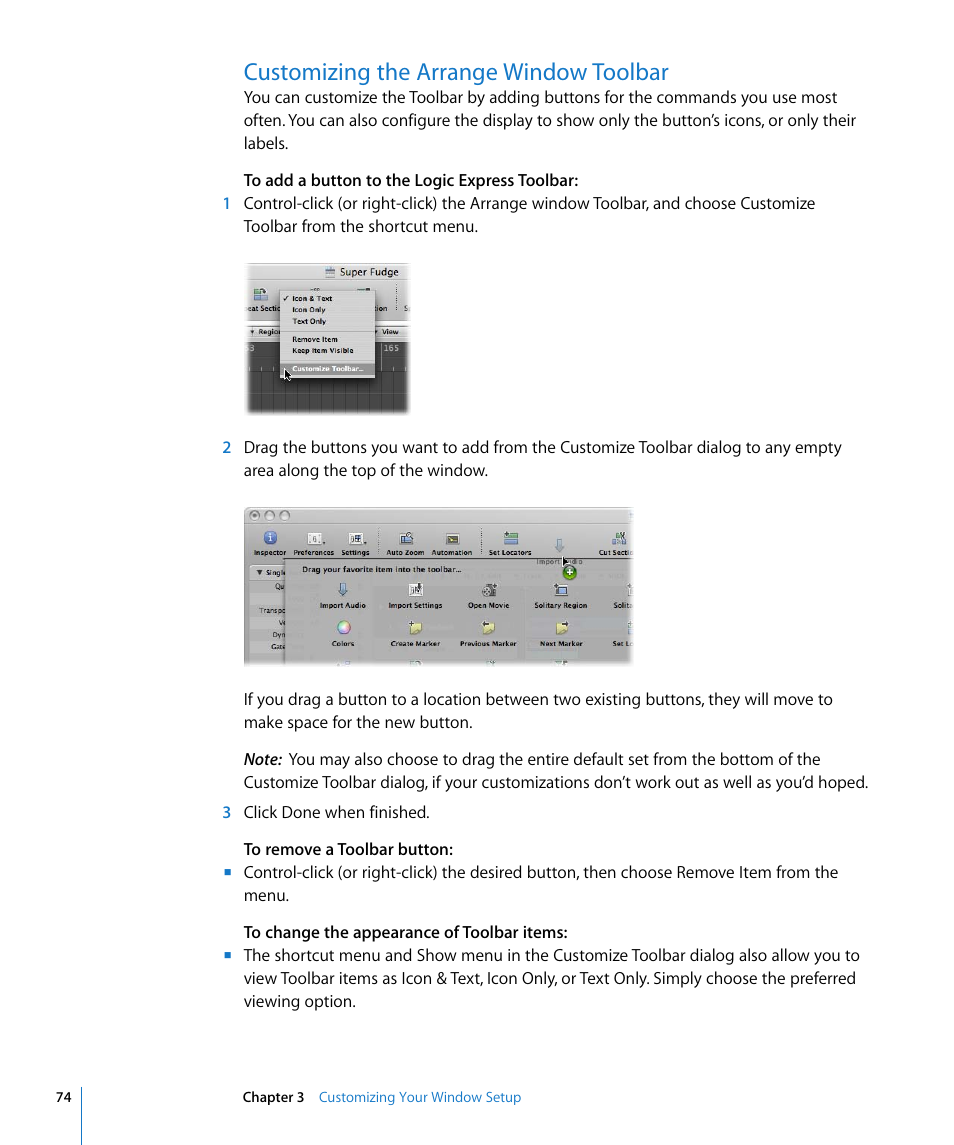 Customizing the arrange window toolbar | Apple Logic Express 8 User Manual | Page 74 / 1055