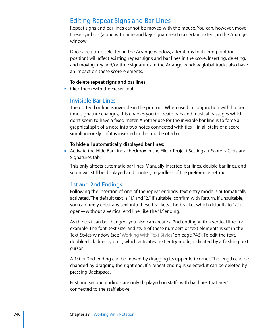 Editing repeat signs and bar lines, Invisible bar lines, 1st and 2nd endings | Ound in | Apple Logic Express 8 User Manual | Page 740 / 1055