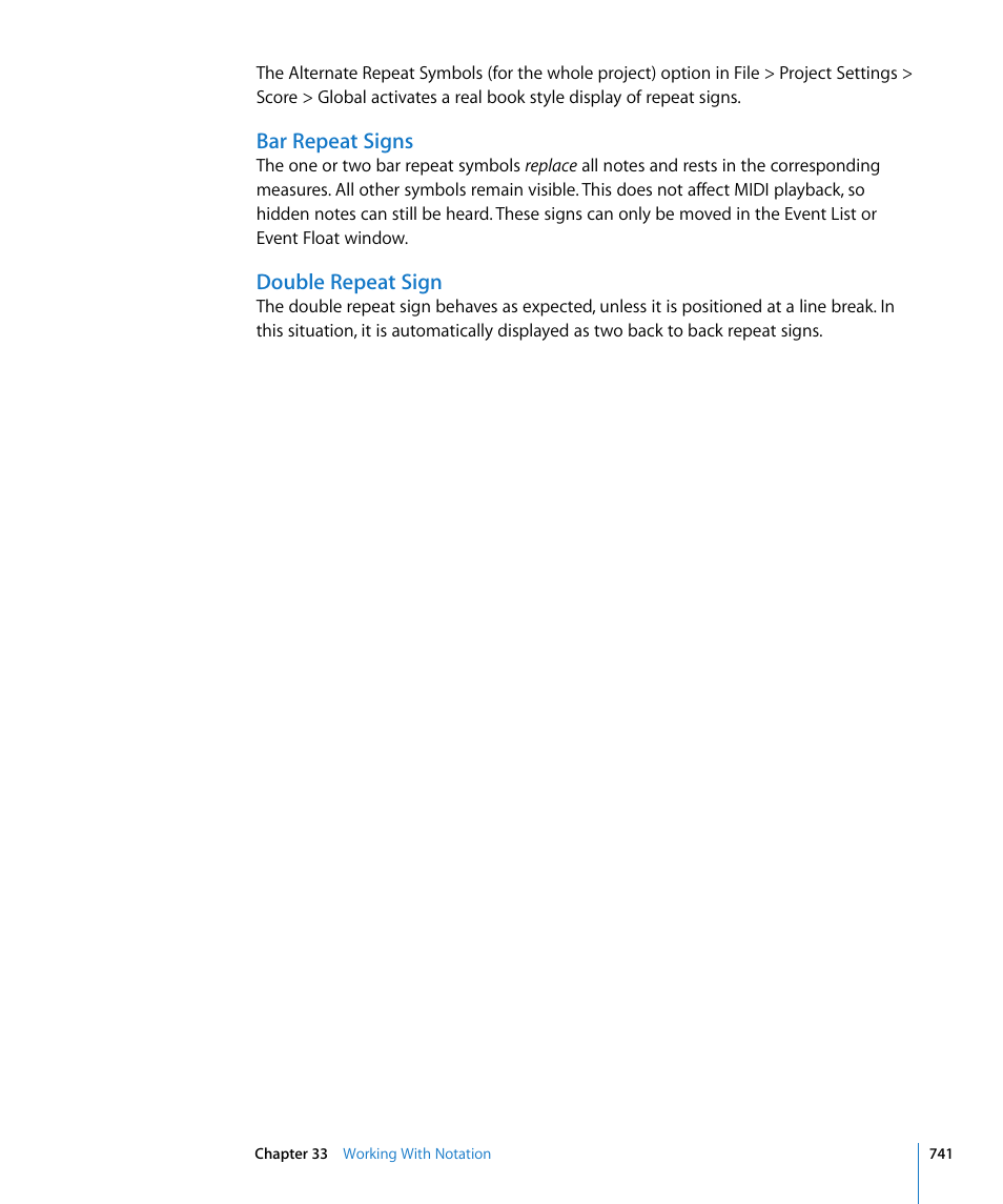 Bar repeat signs, Double repeat sign | Apple Logic Express 8 User Manual | Page 741 / 1055