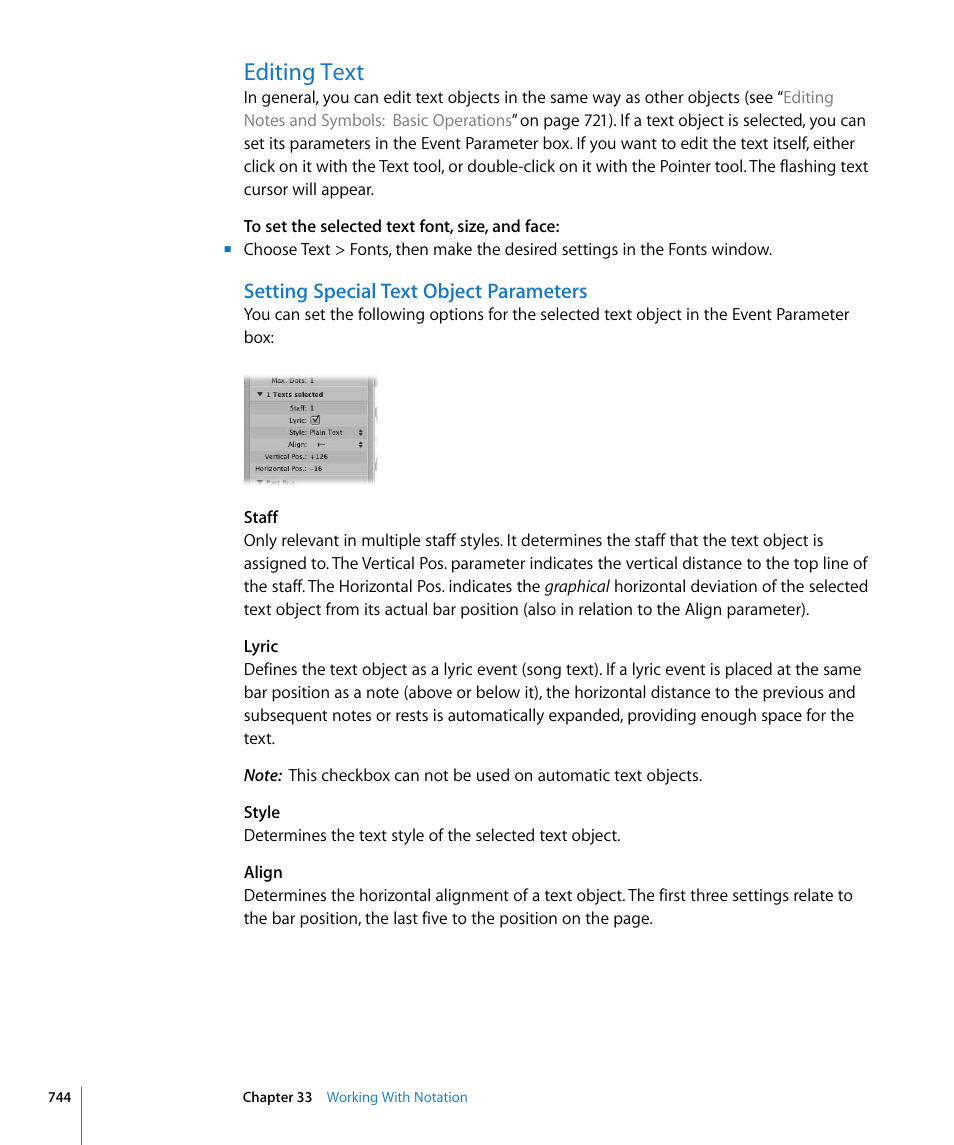 Editing text, Setting special text object parameters | Apple Logic Express 8 User Manual | Page 744 / 1055