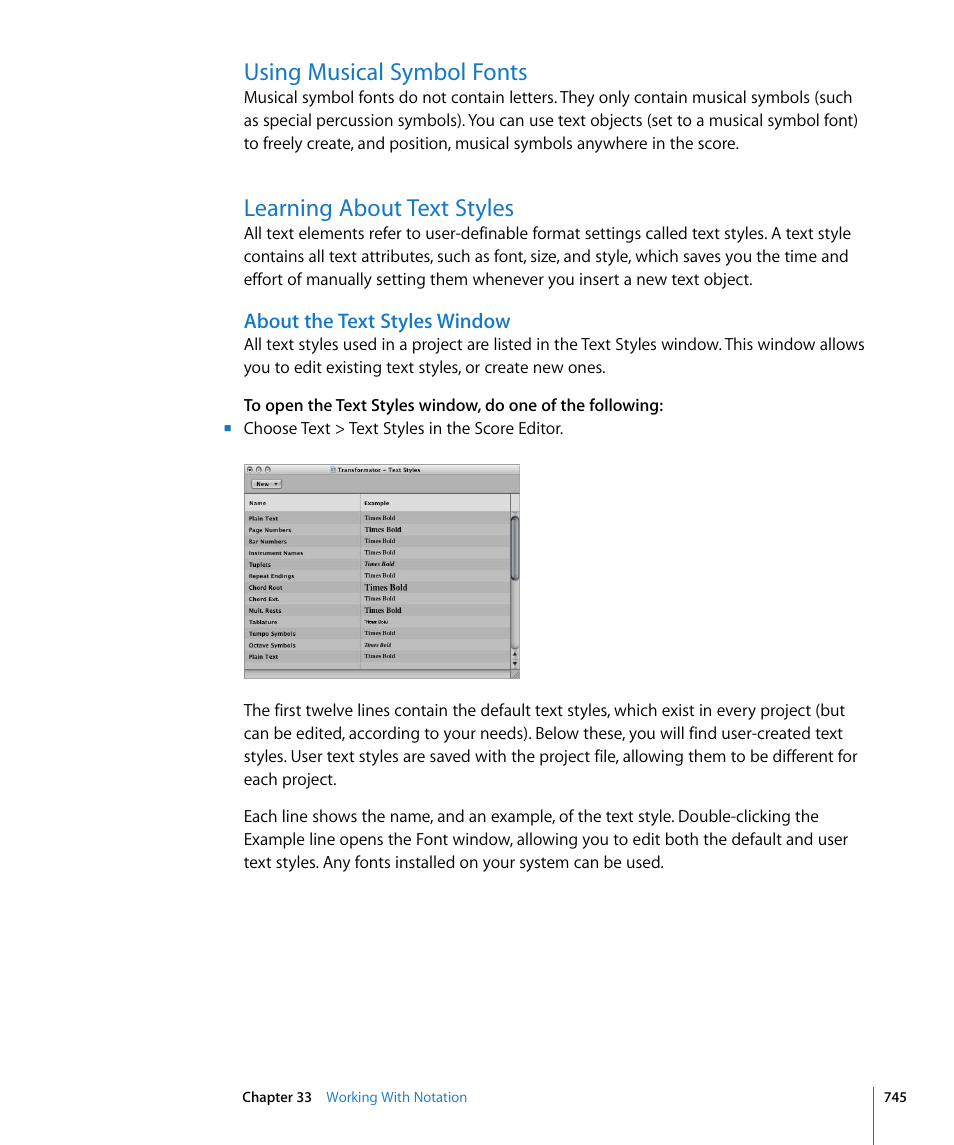 Using musical symbol fonts, Learning about text styles, About the text styles window | Apple Logic Express 8 User Manual | Page 745 / 1055