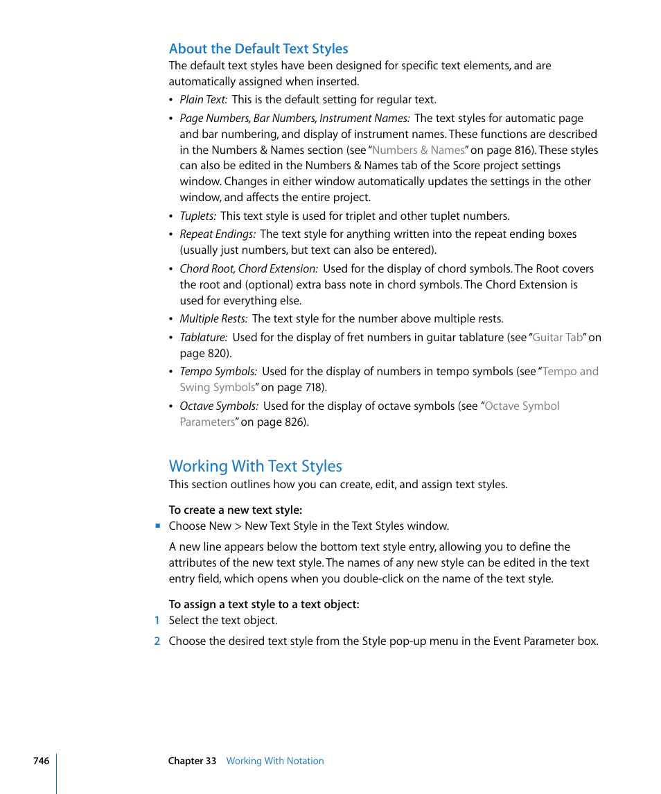 About the default text styles, Working with text styles, W (see | Apple Logic Express 8 User Manual | Page 746 / 1055