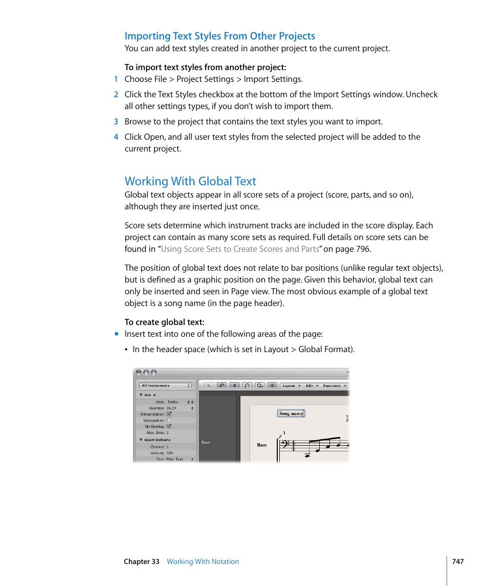 Importing text styles from other projects, Working with global text | Apple Logic Express 8 User Manual | Page 747 / 1055