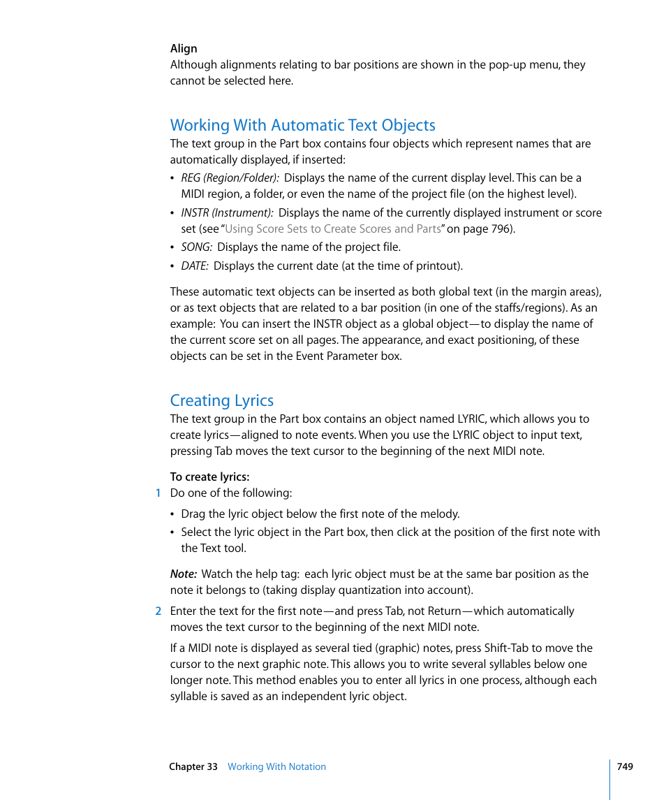 Working with automatic text objects, Creating lyrics | Apple Logic Express 8 User Manual | Page 749 / 1055