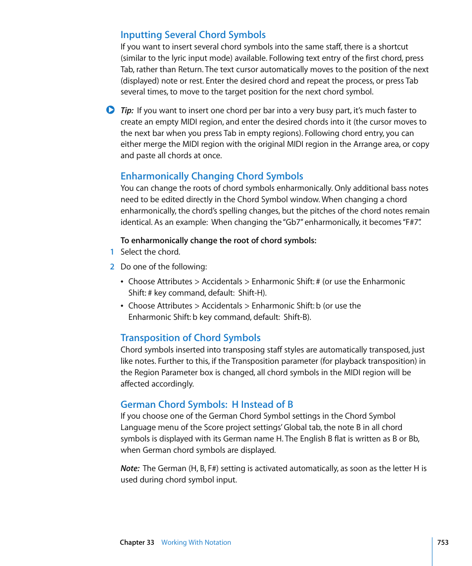 Inputting several chord symbols, Enharmonically changing chord symbols, Transposition of chord symbols | German chord symbols: h instead of b | Apple Logic Express 8 User Manual | Page 753 / 1055