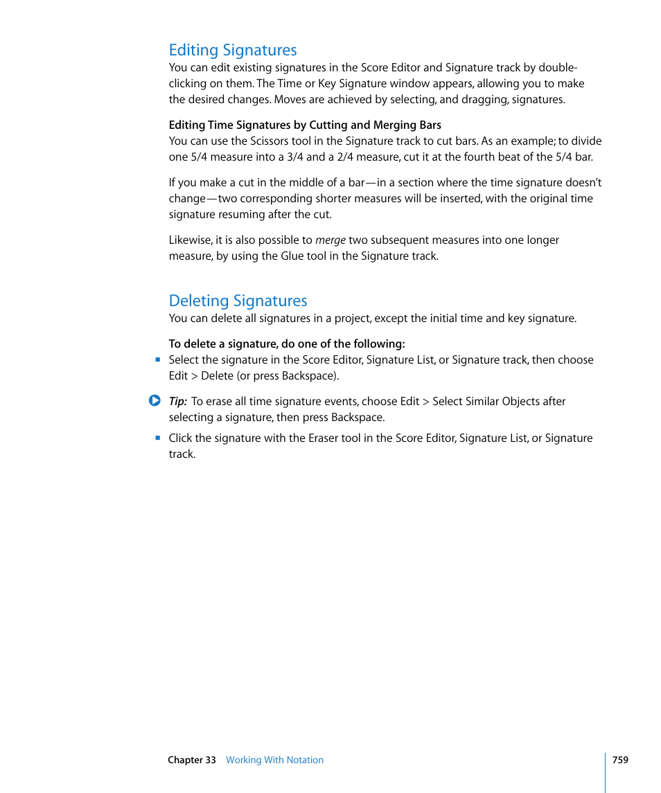 Editing signatures, Deleting signatures | Apple Logic Express 8 User Manual | Page 759 / 1055