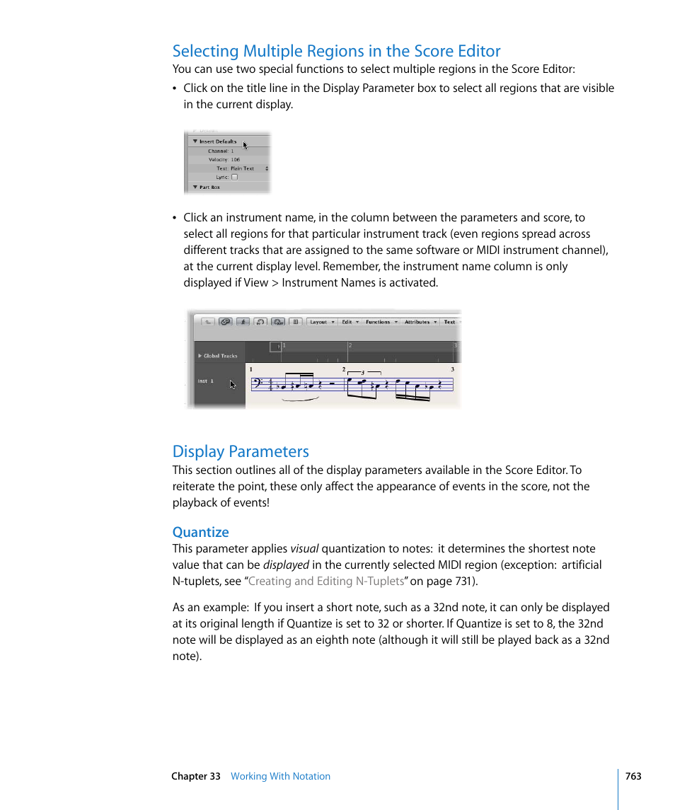 Selecting multiple regions in the score editor, Display parameters, Quantize | T (see, E setting (see | Apple Logic Express 8 User Manual | Page 763 / 1055