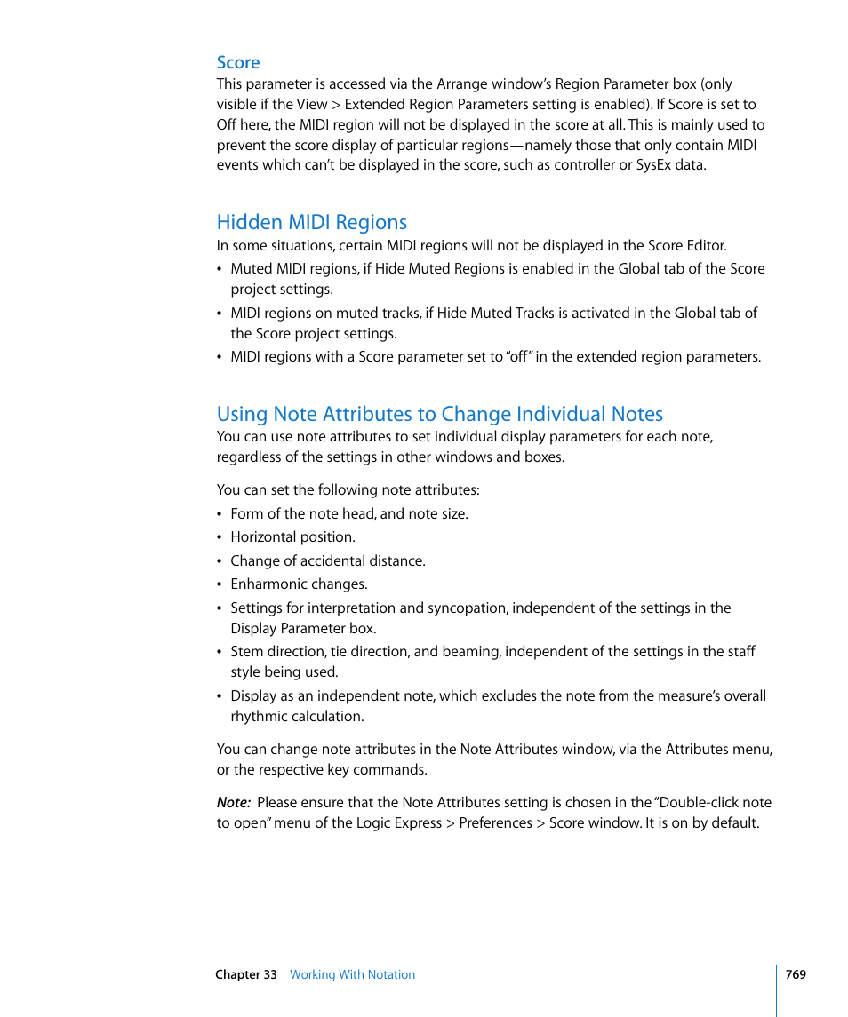 Score, Hidden midi regions, Using note attributes to change individual notes | S (see, Using note attributes to change individual, Notes, Tions (see, Using note, Attributes to change individual notes, X setting (see | Apple Logic Express 8 User Manual | Page 769 / 1055