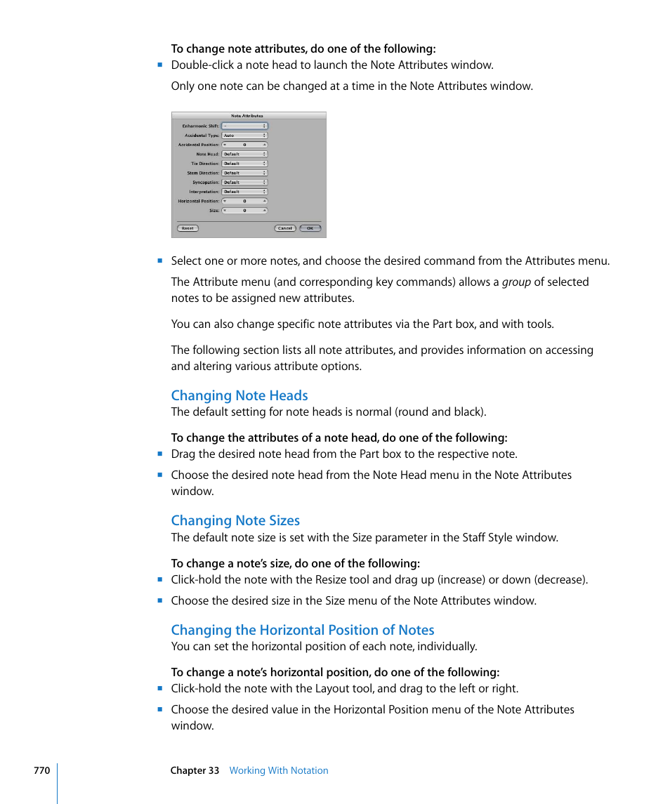Changing note heads, Changing note sizes, Changing the horizontal position of notes | Apple Logic Express 8 User Manual | Page 770 / 1055