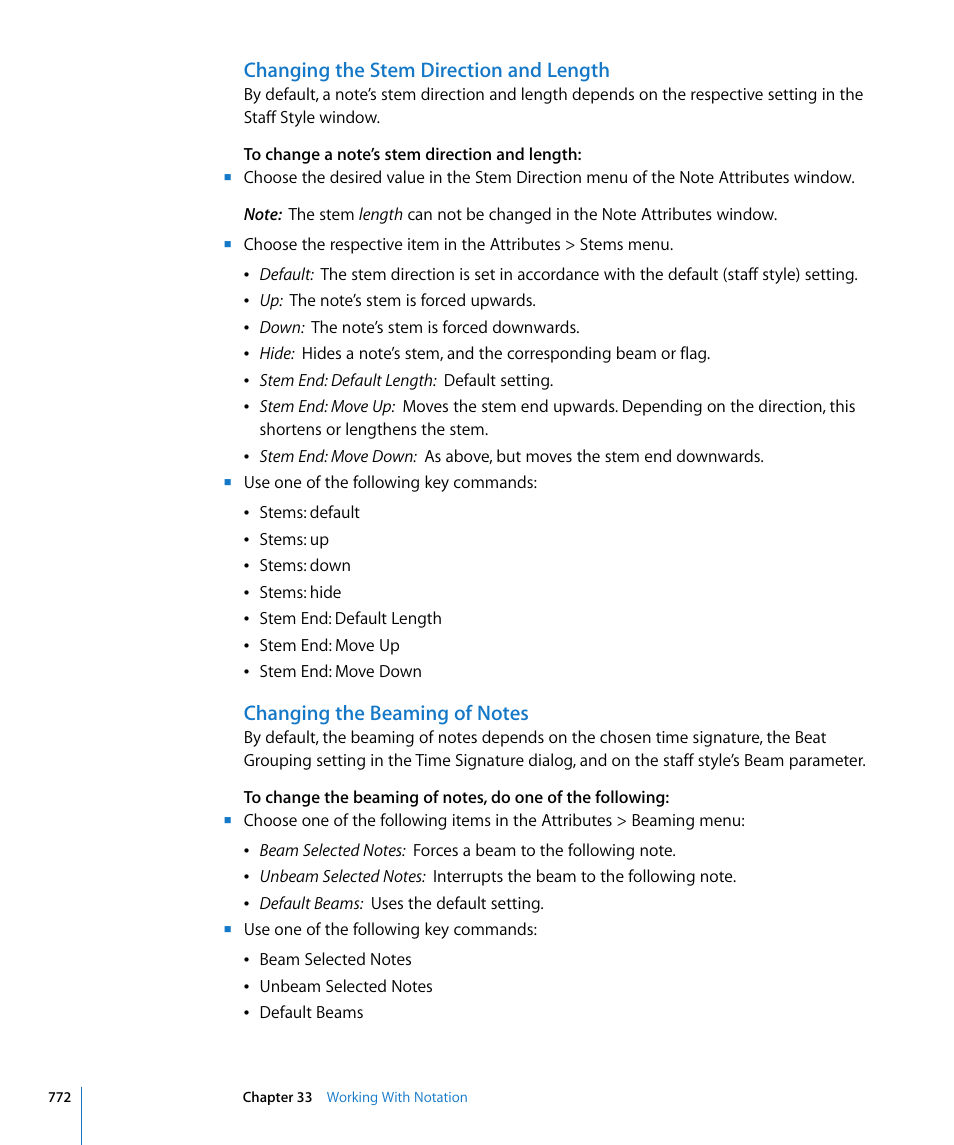 Changing the stem direction and length, Changing the beaming of notes | Apple Logic Express 8 User Manual | Page 772 / 1055