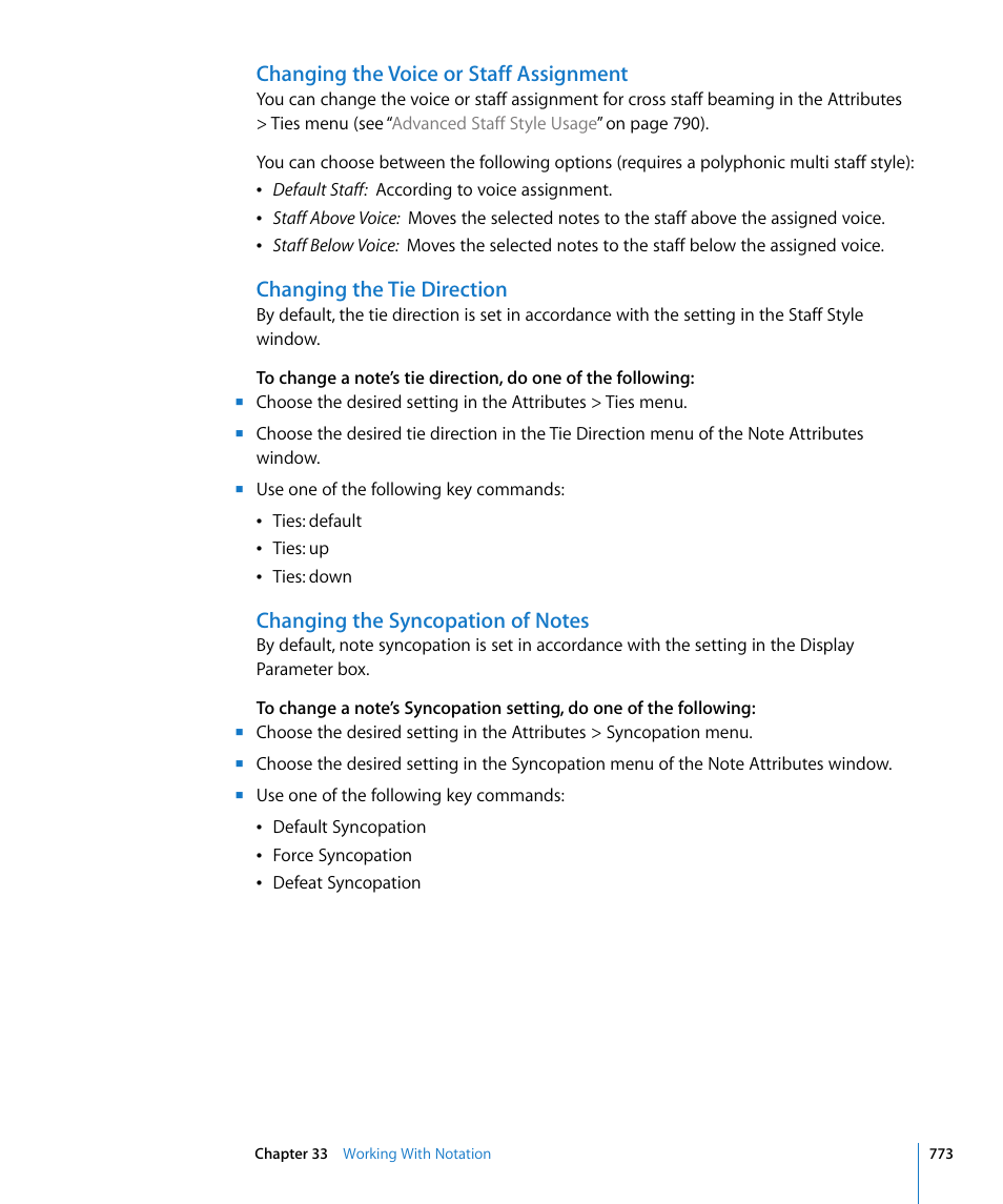 Changing the voice or staff assignment, Changing the tie direction, Changing the syncopation of notes | Apple Logic Express 8 User Manual | Page 773 / 1055