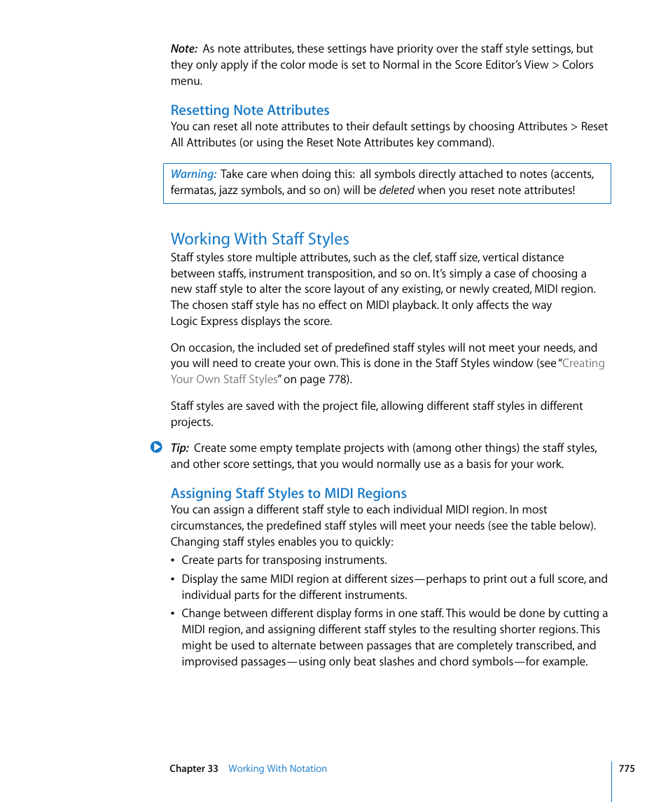 Resetting note attributes, Working with staff styles, Assigning staff styles to midi regions | Wn (see, Yle (see | Apple Logic Express 8 User Manual | Page 775 / 1055