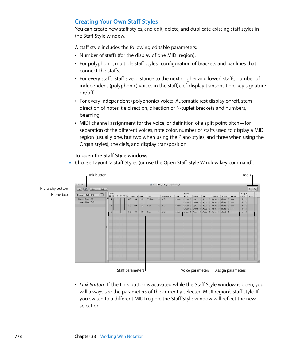 Creating your own staff styles, W (see, Creating | Your own staff styles | Apple Logic Express 8 User Manual | Page 778 / 1055