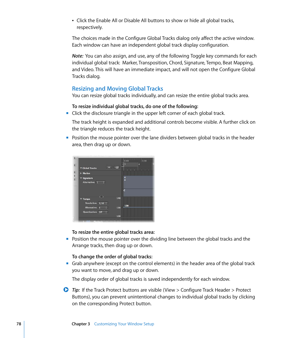 Resizing and moving global tracks | Apple Logic Express 8 User Manual | Page 78 / 1055