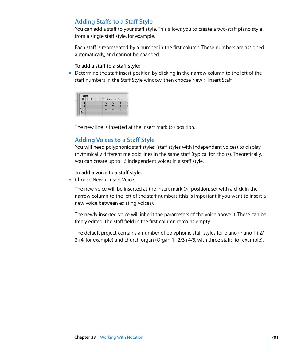 Adding staffs to a staff style, Adding voices to a staff style, Yle (see | Adding, Staffs to a staff style | Apple Logic Express 8 User Manual | Page 781 / 1055