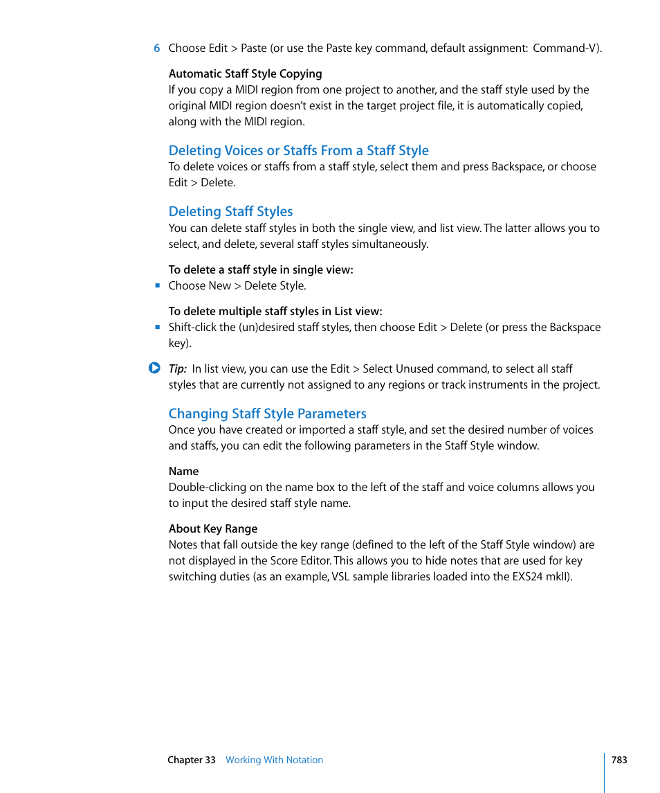 Deleting voices or staffs from a staff style, Deleting staff styles, Changing staff style parameters | Apple Logic Express 8 User Manual | Page 783 / 1055