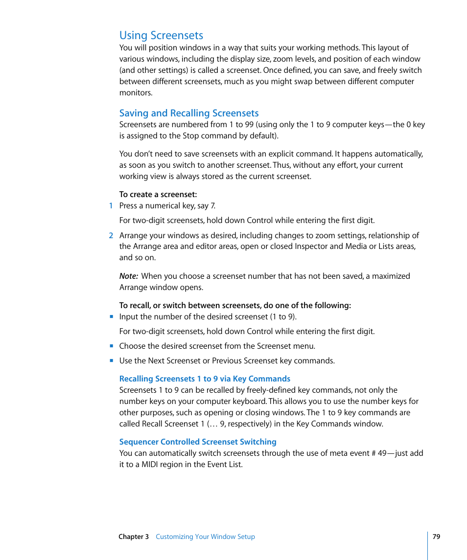 Using screensets, Saving and recalling screensets | Apple Logic Express 8 User Manual | Page 79 / 1055