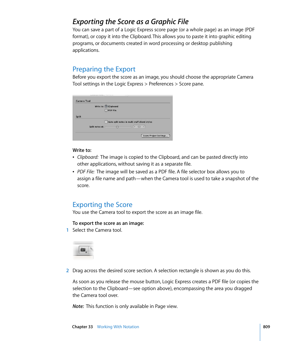 Exporting the score as a graphic file, Preparing the export, Exporting the score | Apple Logic Express 8 User Manual | Page 809 / 1055