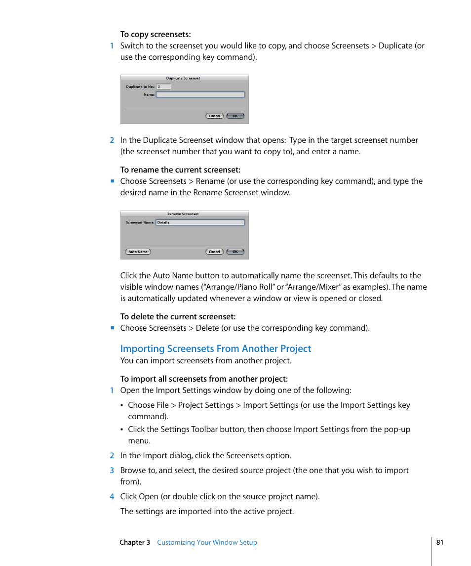 Importing screensets from another project | Apple Logic Express 8 User Manual | Page 81 / 1055