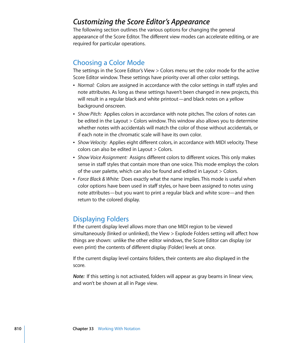 Customizing the score editor’s appearance, Choosing a color mode, Displaying folders | Ound in, Customizing the, Score editor’s appearance | Apple Logic Express 8 User Manual | Page 810 / 1055
