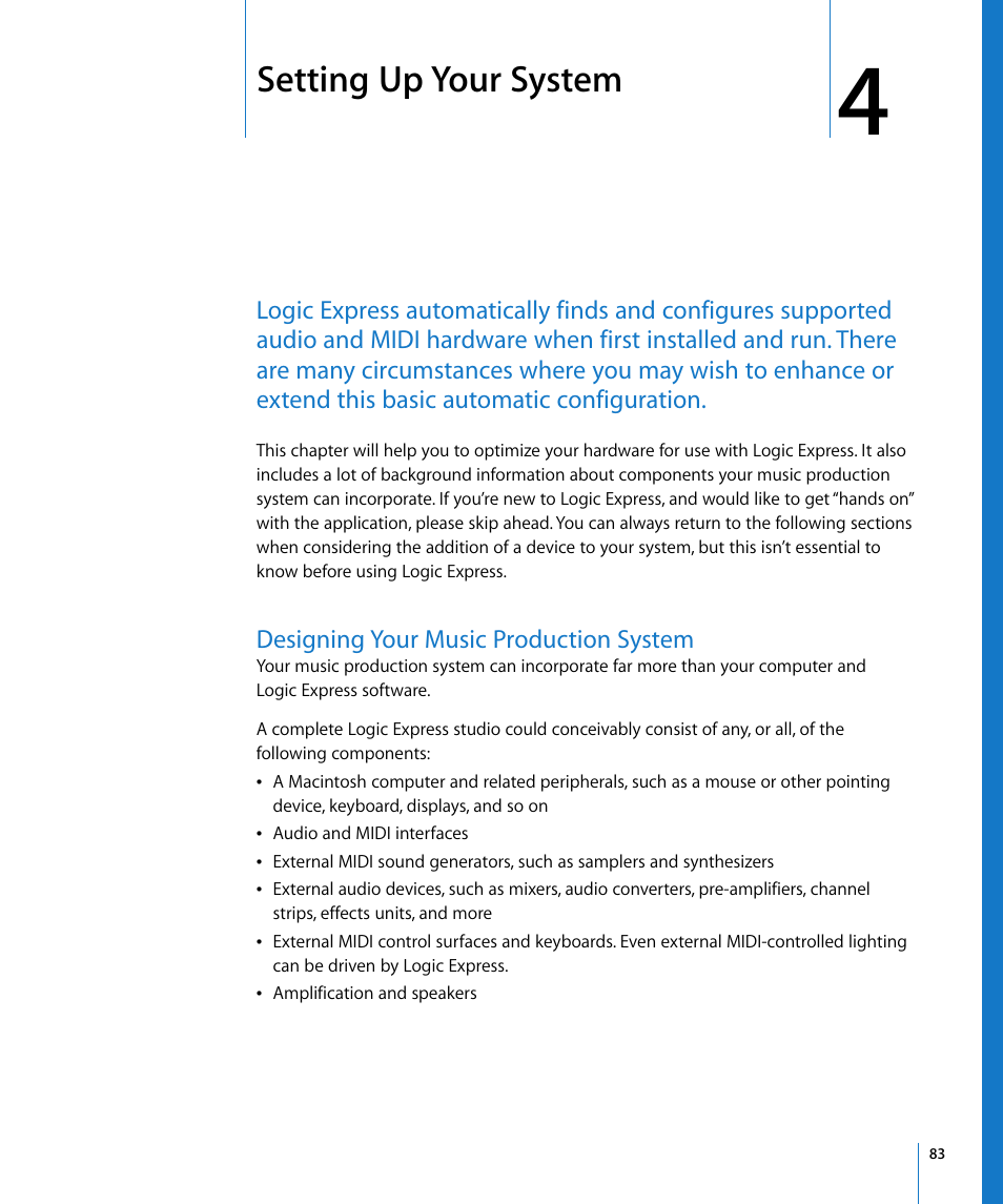 Setting up your system, Designing your music production system, Chapter 4 | Apple Logic Express 8 User Manual | Page 83 / 1055