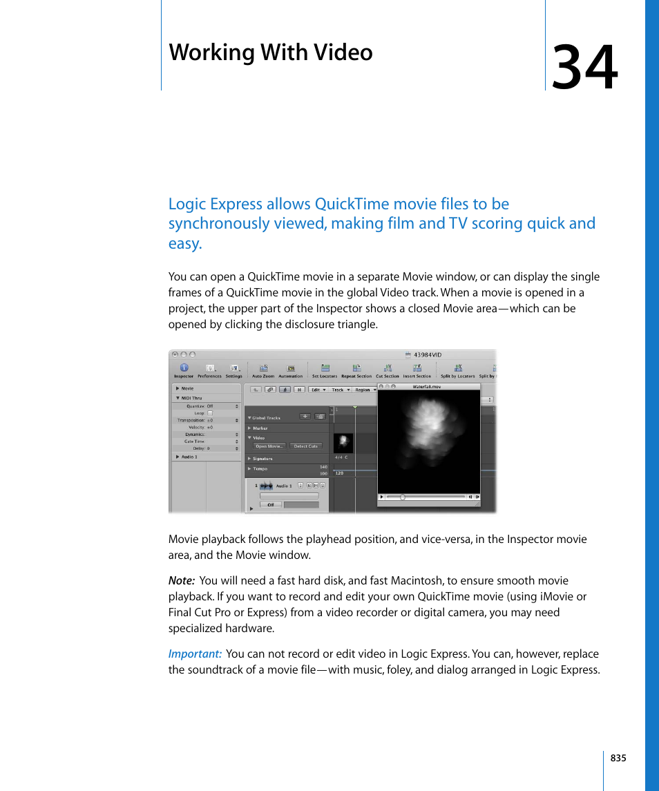 Working with video, Chapter 34 | Apple Logic Express 8 User Manual | Page 835 / 1055