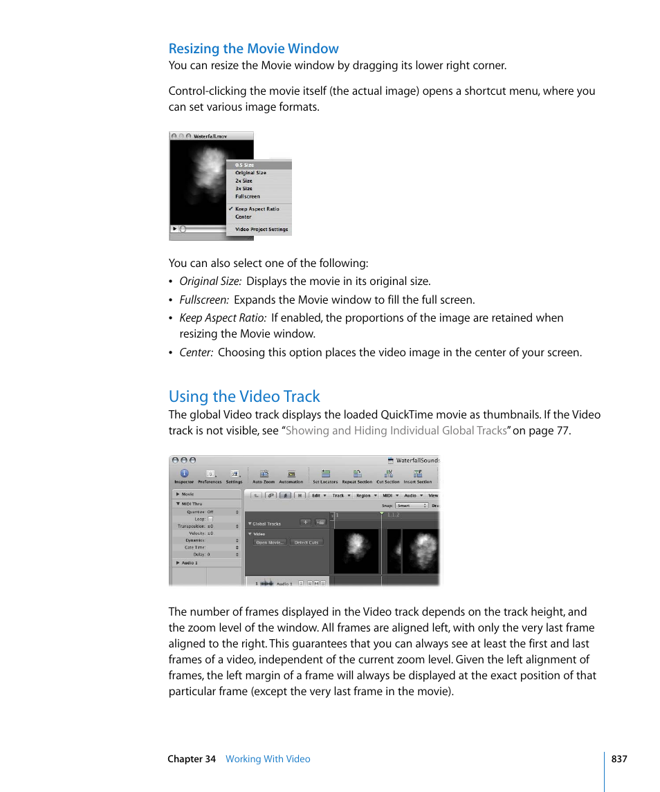 Resizing the movie window, Using the video track | Apple Logic Express 8 User Manual | Page 837 / 1055