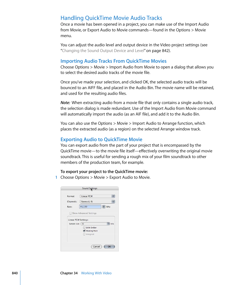 Handling quicktime movie audio tracks, Importing audio tracks from quicktime movies, Exporting audio to quicktime movie | Apple Logic Express 8 User Manual | Page 840 / 1055