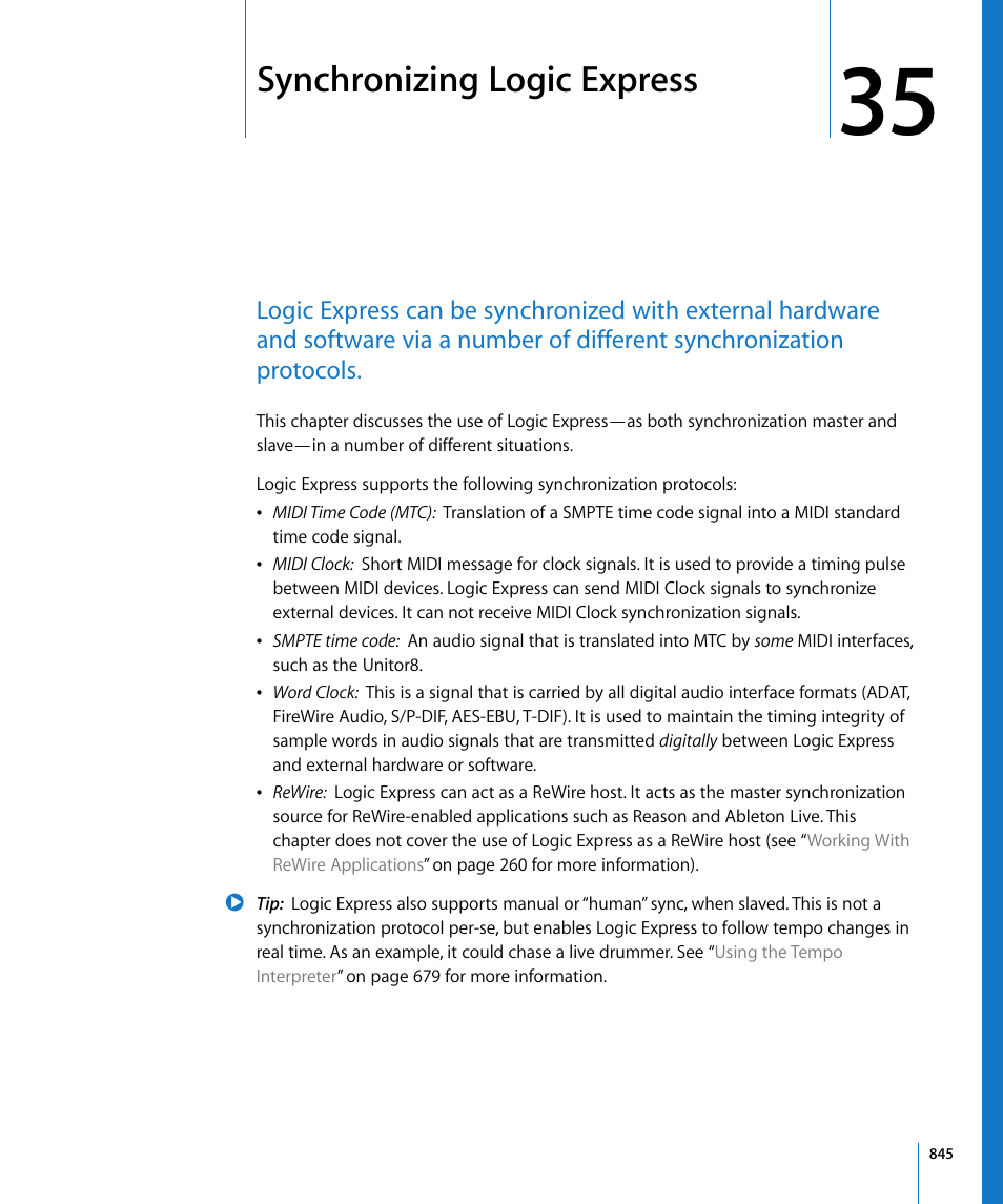 Synchronizing logic express, Chapter 35 | Apple Logic Express 8 User Manual | Page 845 / 1055