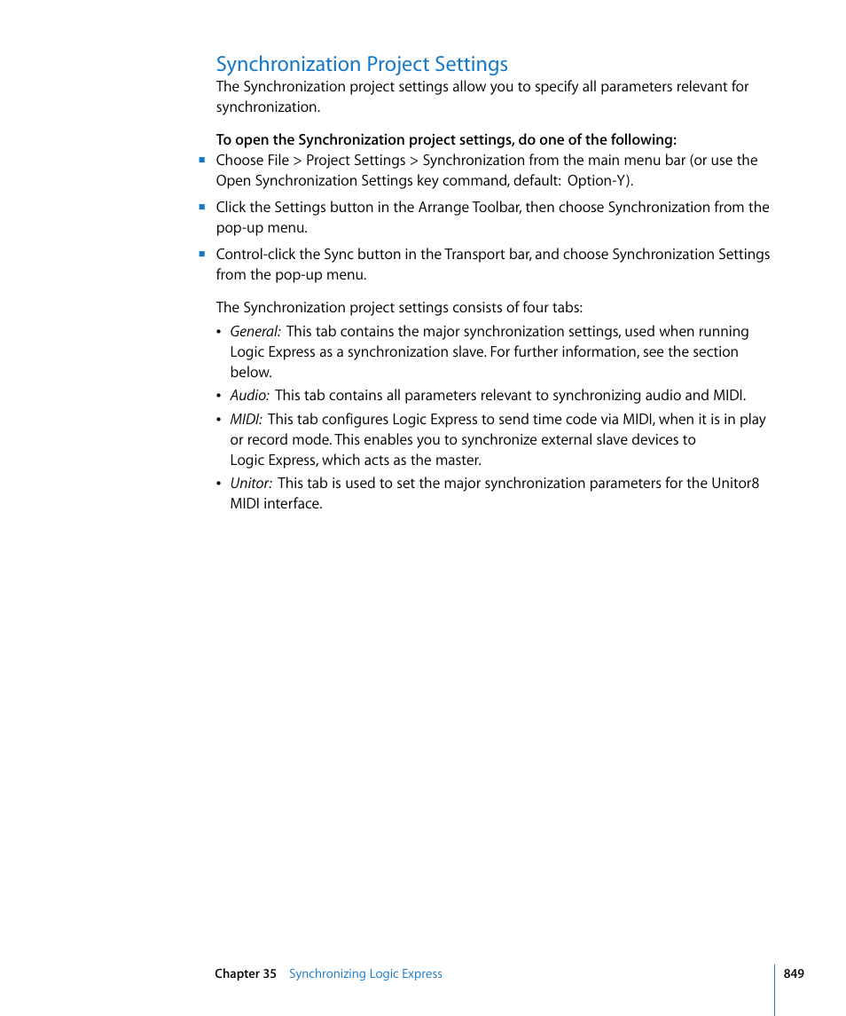 Synchronization project settings | Apple Logic Express 8 User Manual | Page 849 / 1055