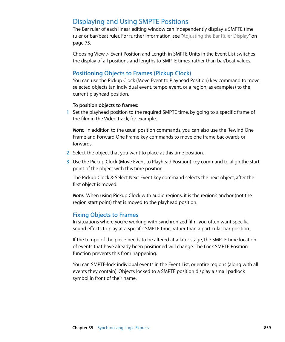 Displaying and using smpte positions, Positioning objects to frames (pickup clock), Fixing objects to frames | Apple Logic Express 8 User Manual | Page 859 / 1055