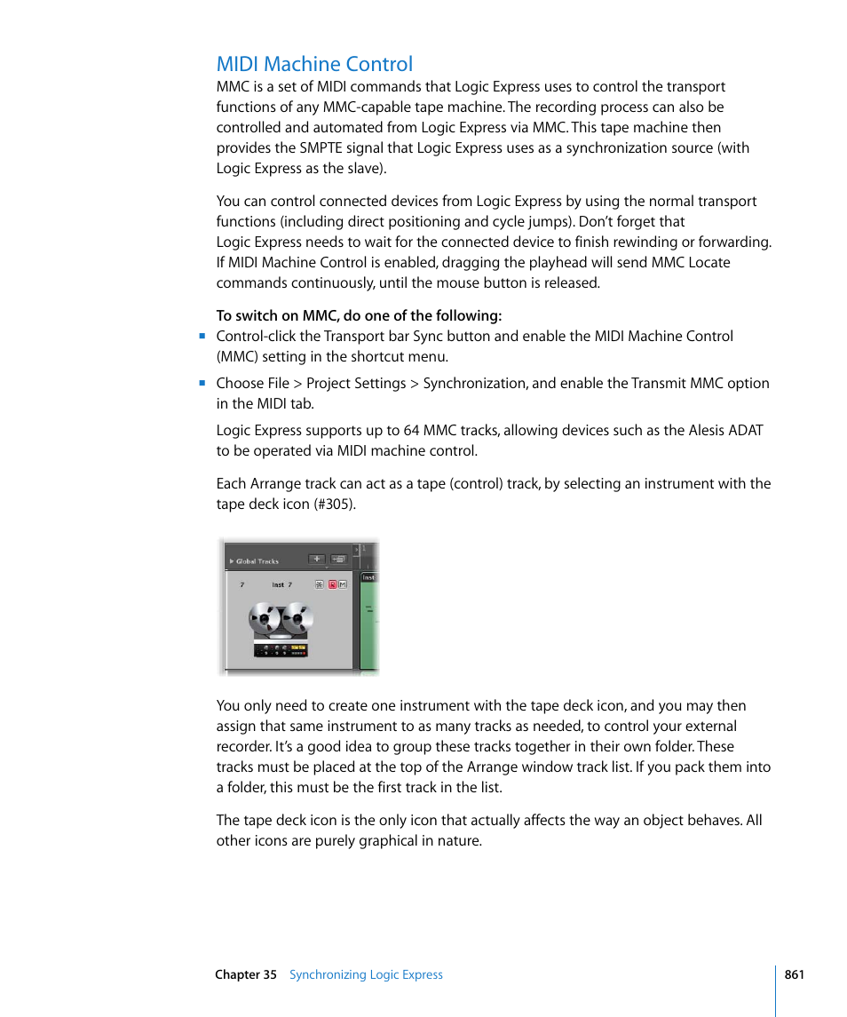 Midi machine control, Ommands (see, Ol (see | Midi, Machine control | Apple Logic Express 8 User Manual | Page 861 / 1055