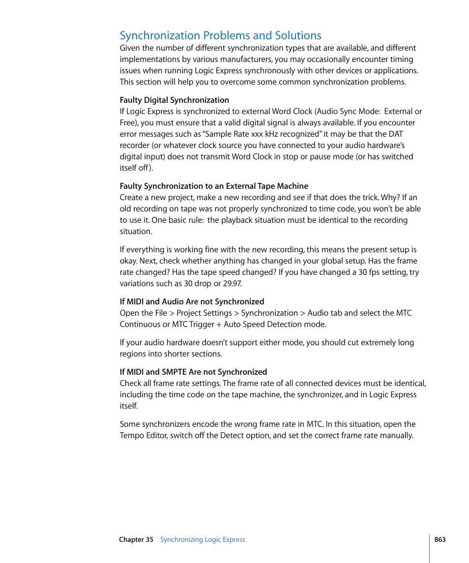 Synchronization problems and solutions | Apple Logic Express 8 User Manual | Page 863 / 1055