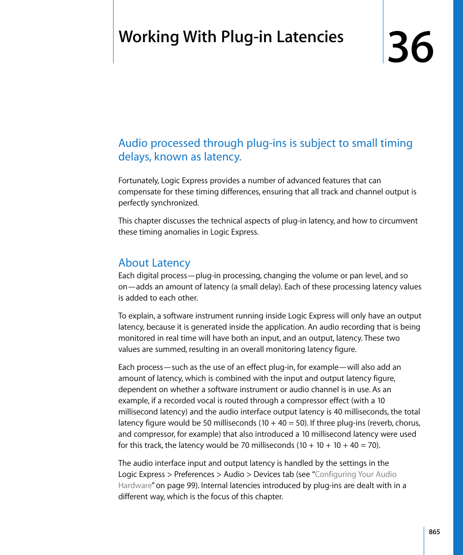 Working with plug-in latencies, About latency, Chapter 36 | Apple Logic Express 8 User Manual | Page 865 / 1055